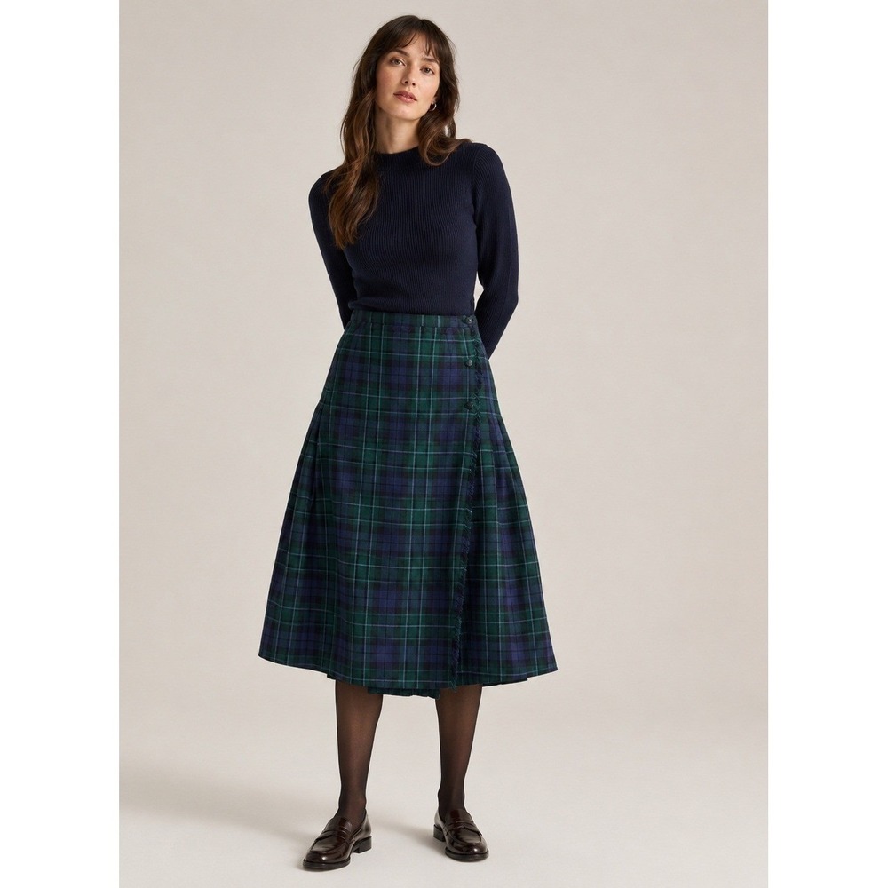 Aljean of Canada Dark Academia Wool Wrap Skirt Womens 6 Green Blue Plaid Fringe